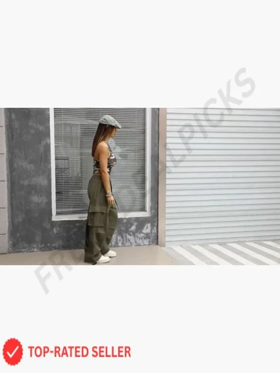 Wide Leg Cargo Pants Y2K Streetwear Baggy High Waist Drawstring Casual Pants - Picture 7 of 7